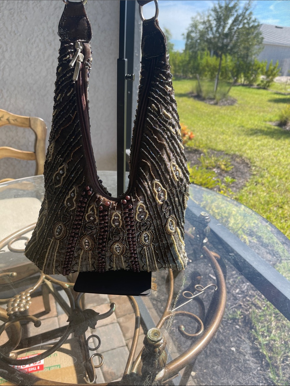 Embellished Brown Beaded Shoulder Bag